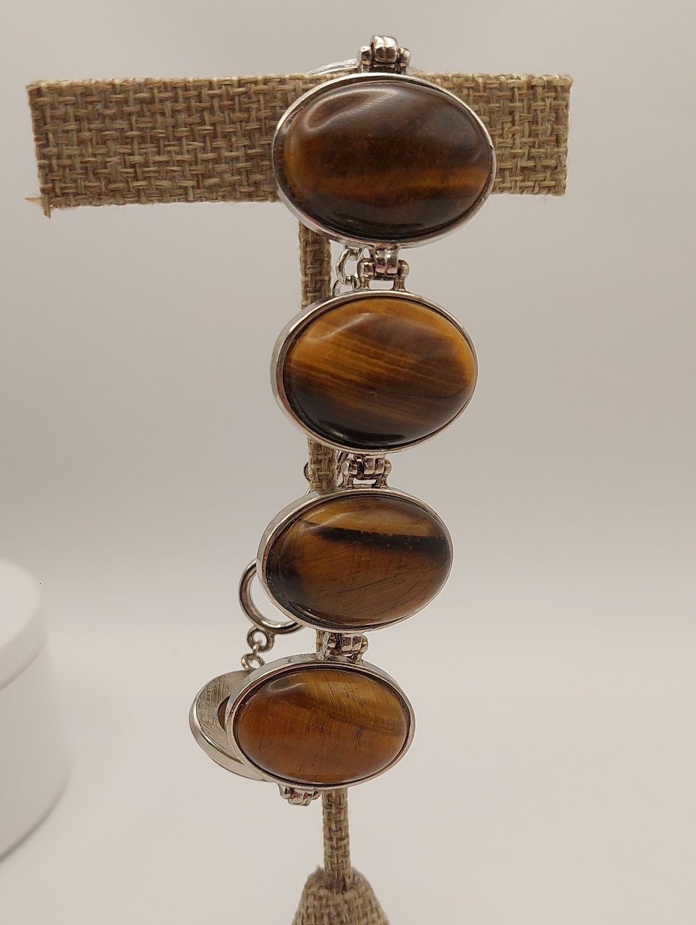 NWOT Bold Yellow Tiger's Eye Oval Link Silver Alloy Bracelet Toggle Clasp